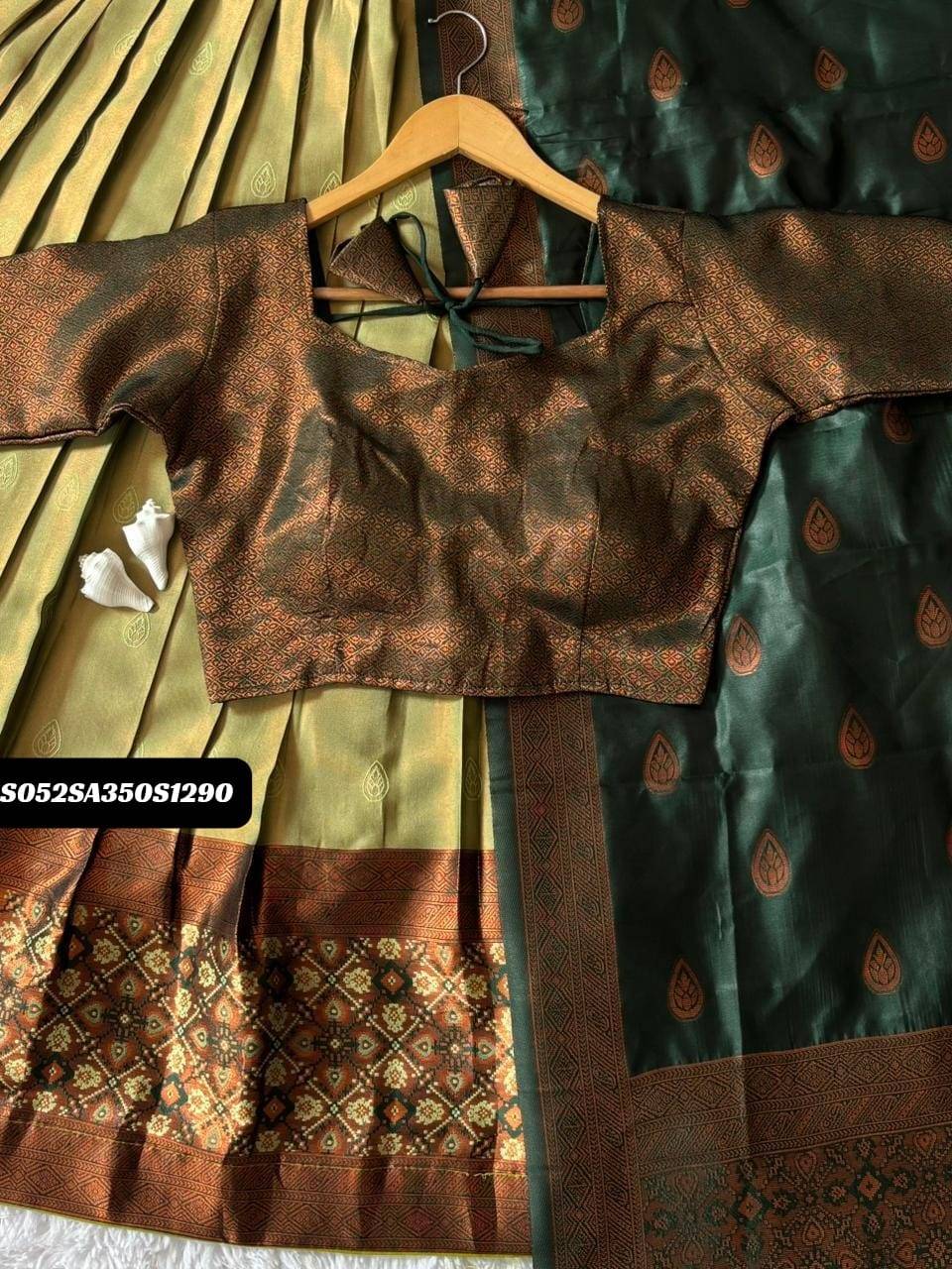 Yellow and Green Pongal Kanjivaram Pure Zari Half Saree Lehenga Set